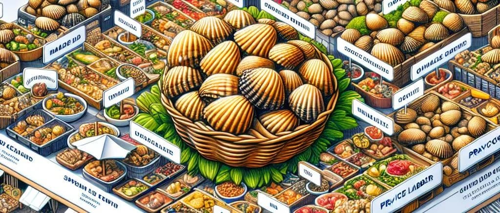 assorted packaged cockles with varied background settings