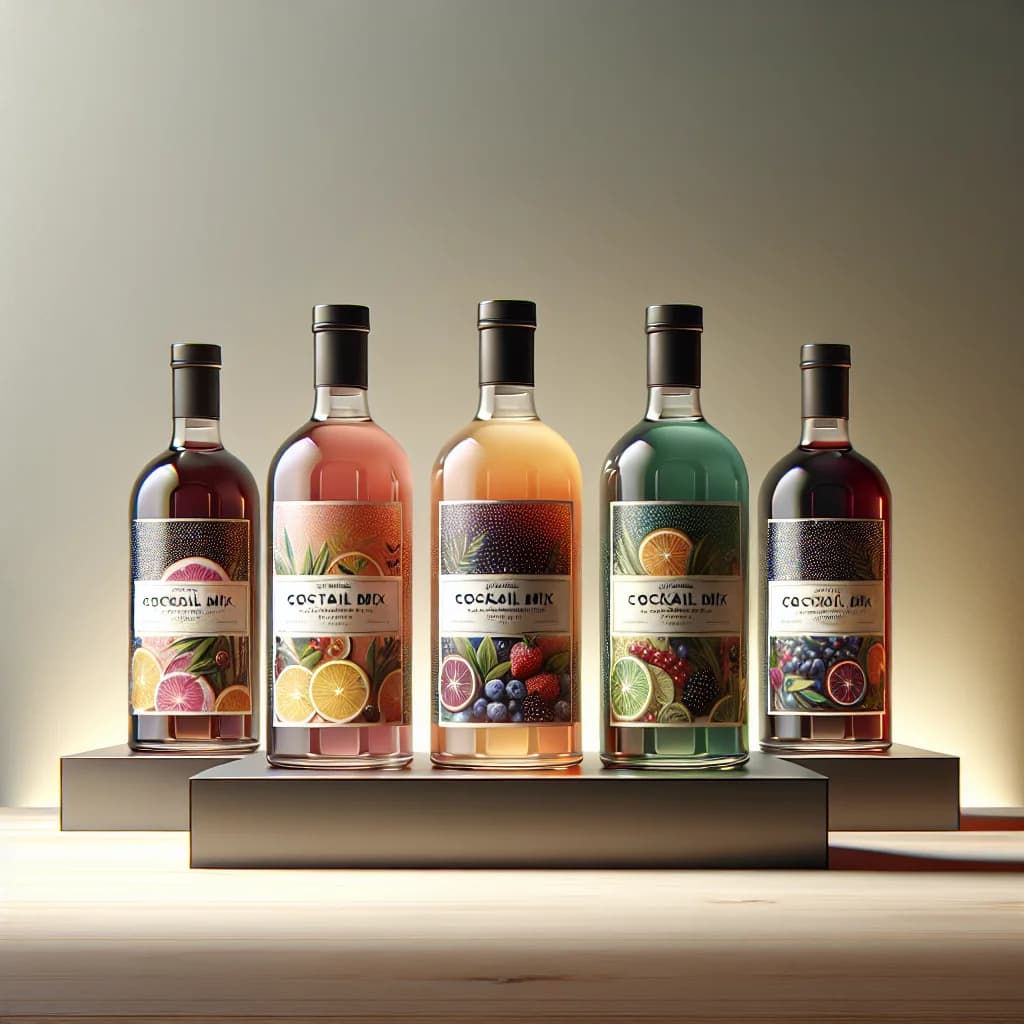colorful cocktail mix bottles in varying flavors on a sleek counter with vibrant packaging, suitable for private label and wholesale sourcing