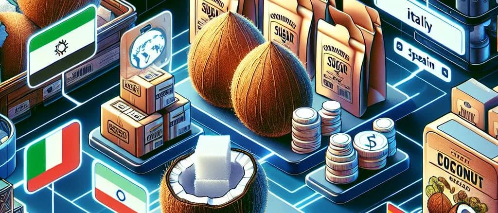 Various packaging options of coconut sugar with tropical backgrounds