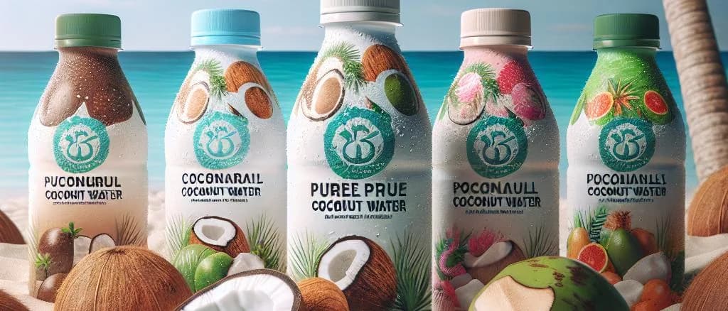 Various coconut water packaging on a tropical background