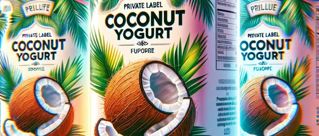 Assorted coconut yogurts in eco-friendly packaging on a rustic wooden table