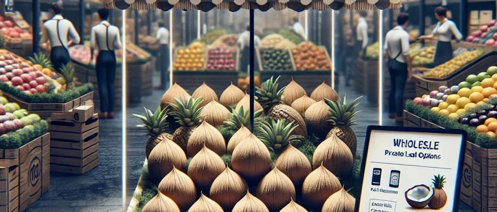 Assorted coconut products on a rustic wooden background, showcasing tropical variations and packaging options