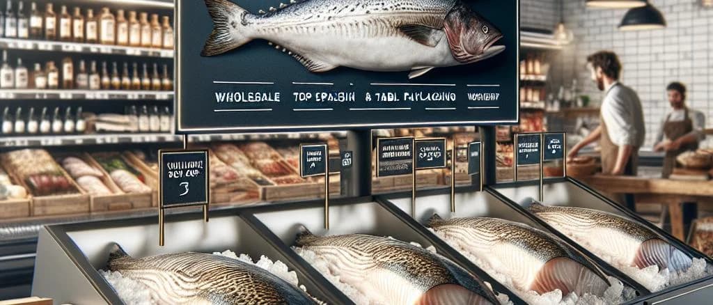 Variety of packaged cod fillets on a rustic seafood market display