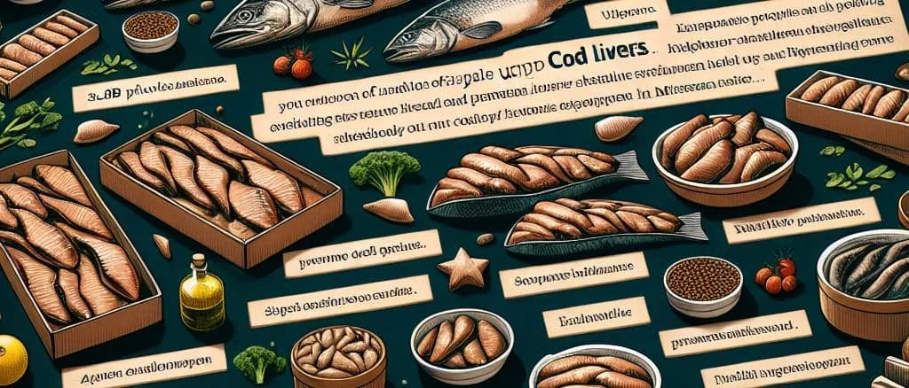 Selection of canned cod liver variations on wooden background