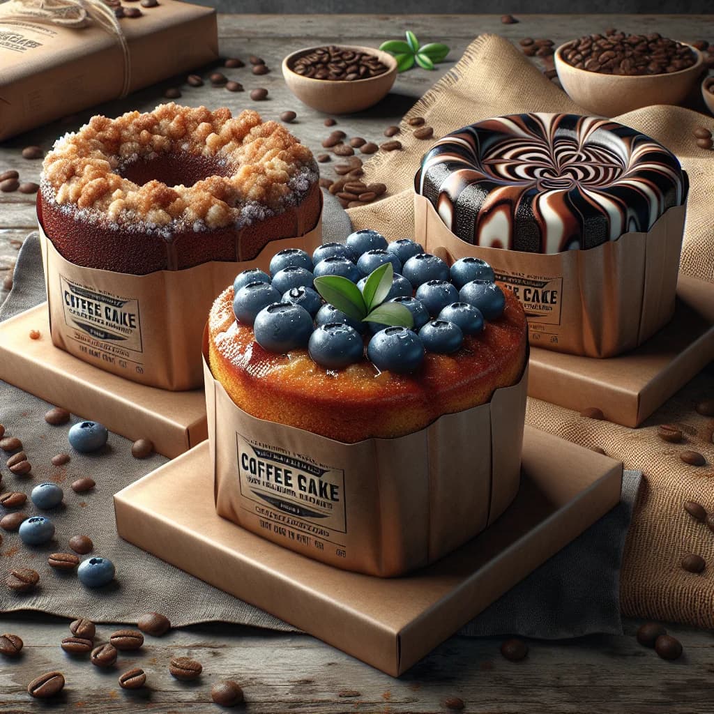 assorted coffee cake variations on a rustic wooden table with elegant packaging