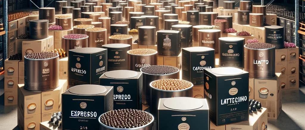 Various coffee capsules in different packaging and colors on a wooden background
