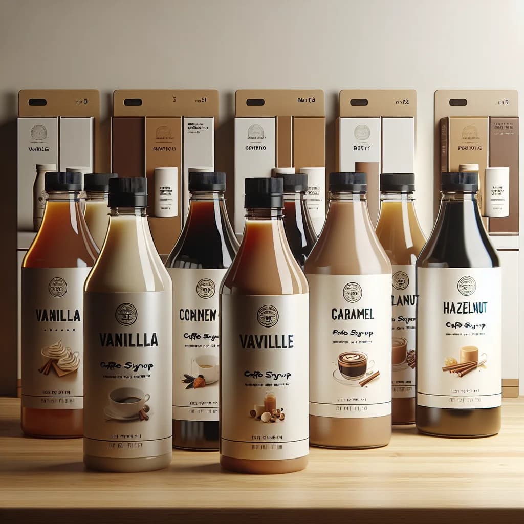 variety of coffee syrup bottles on a countertop with different flavors and packaging designs