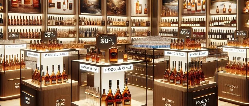 Cognac bottles with different label designs on a wooden table, showcasing packaging variations