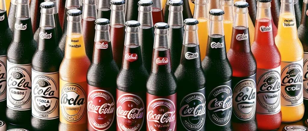 Variety of cola beverage bottles with different packaging designs and vibrant colors