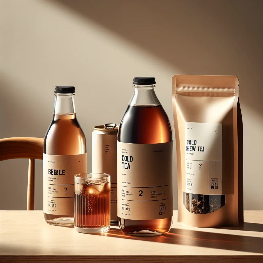 assorted cold brew tea variations with minimalist packaging on a wooden surface