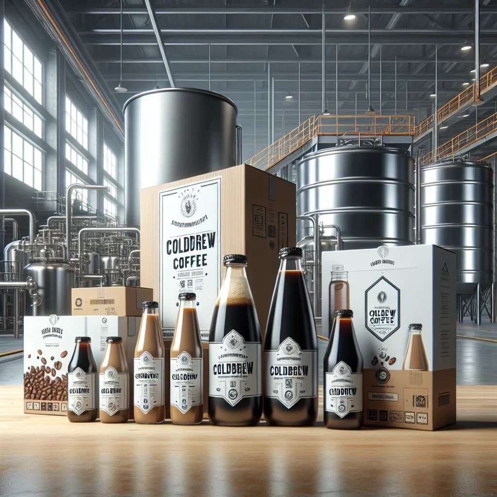 Variety of Coldbrew Coffee packaging in a professional setting for B2B sourcing