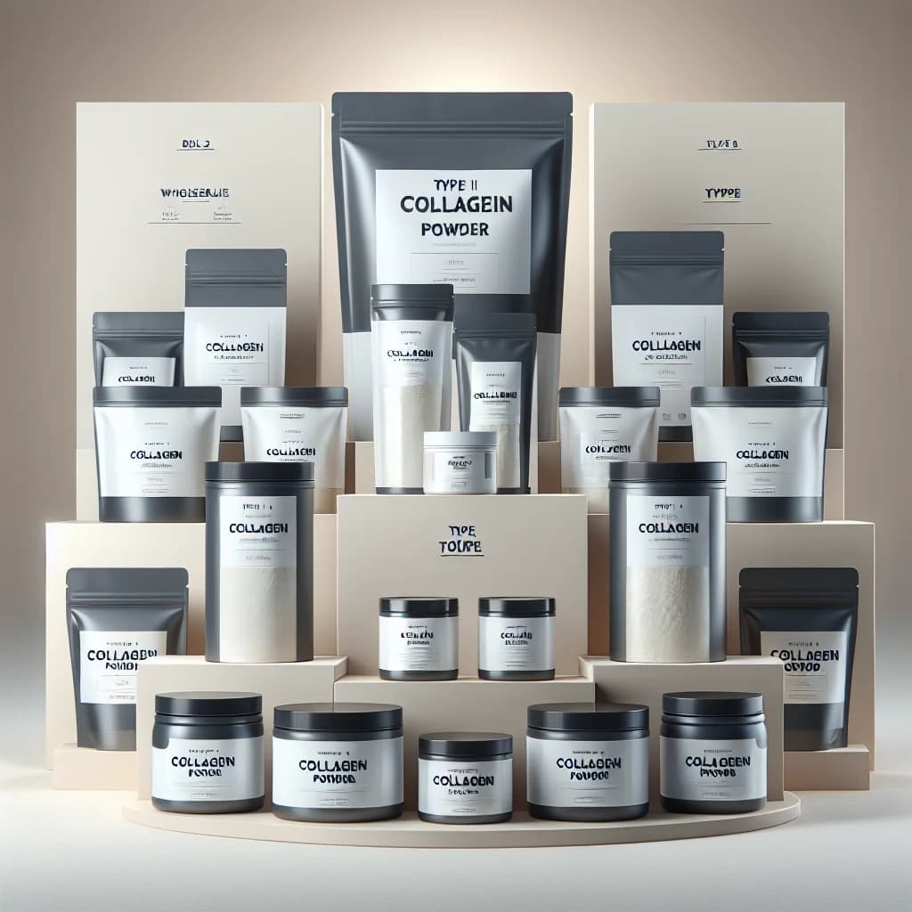 assorted collagen powder products in various packaging with clean, minimalist designs on neutral-toned backgrounds