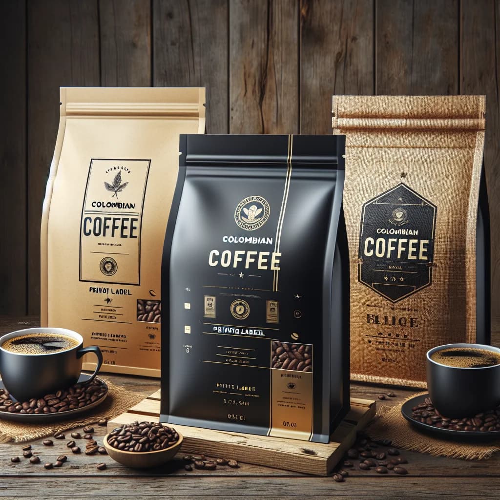 variety of Colombian coffee packages in eco-friendly wholesale packaging on rustic wooden background