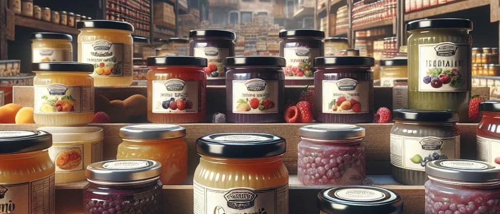 Assorted compote jars with various fruit combinations on a rustic wooden table