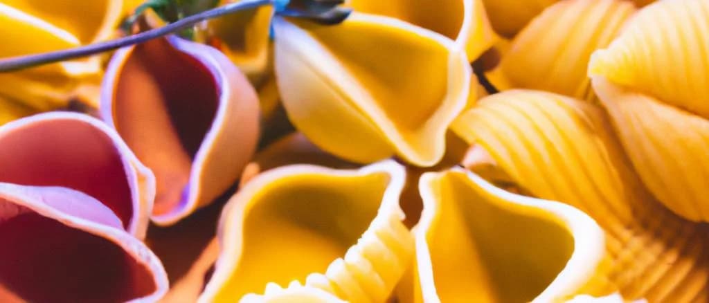 Various shapes of Conchiglie pasta displayed with elegant packaging