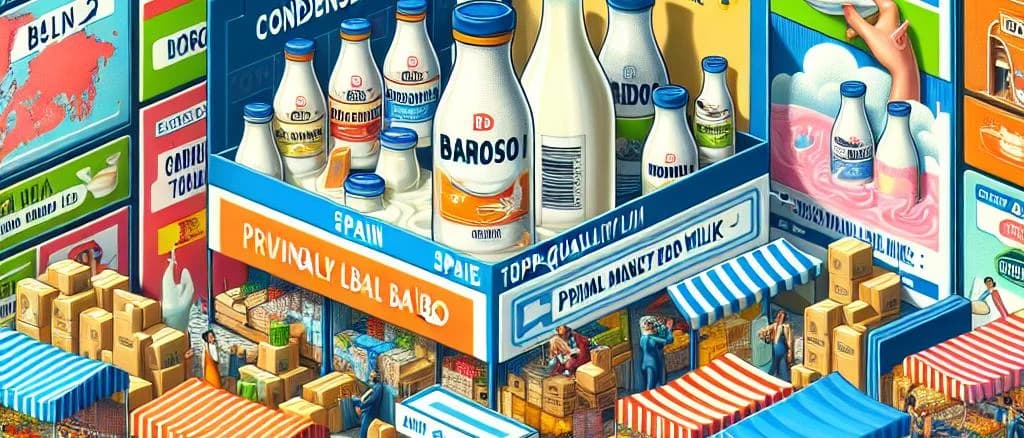 assorted condensed milk cans and cartons on a rustic wooden background