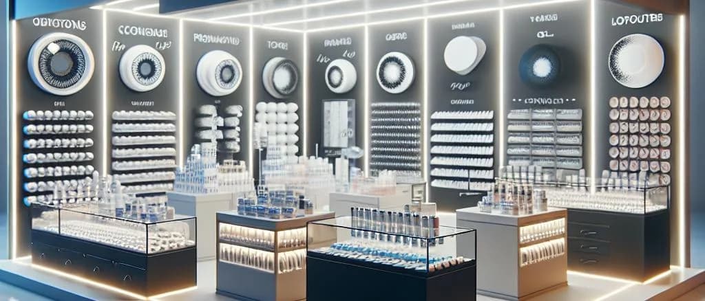 Variety of contact lenses on a white surface with packaging options