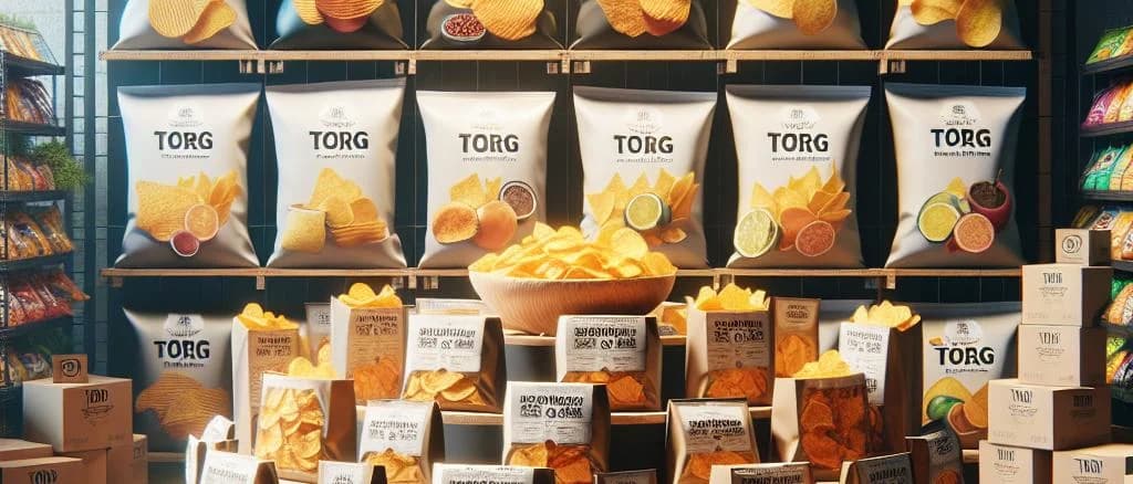 Corn chips variety with customizable packaging on a wooden countertop backdrop