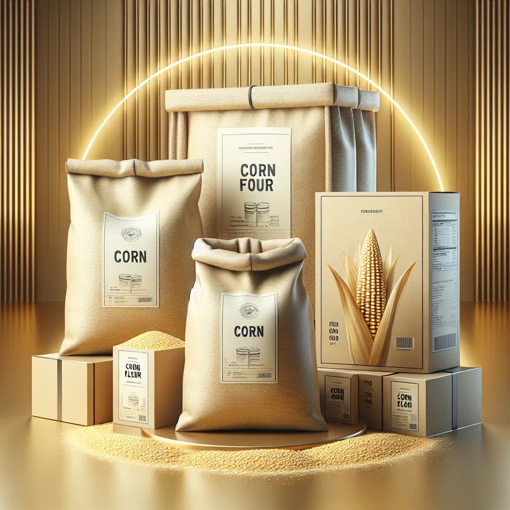 various types of corn flour packaging in a professional B2B display setting on a clean background