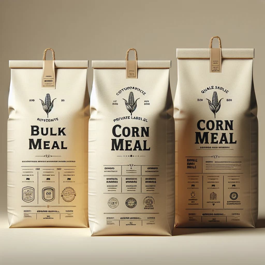varieties of corn meal packaging on a neutral background featuring bulk, wholesale, and private label options
