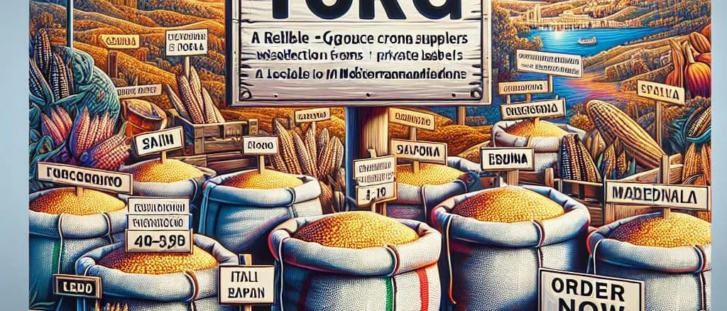 Assorted corn semolina packaging on a rustic wooden surface