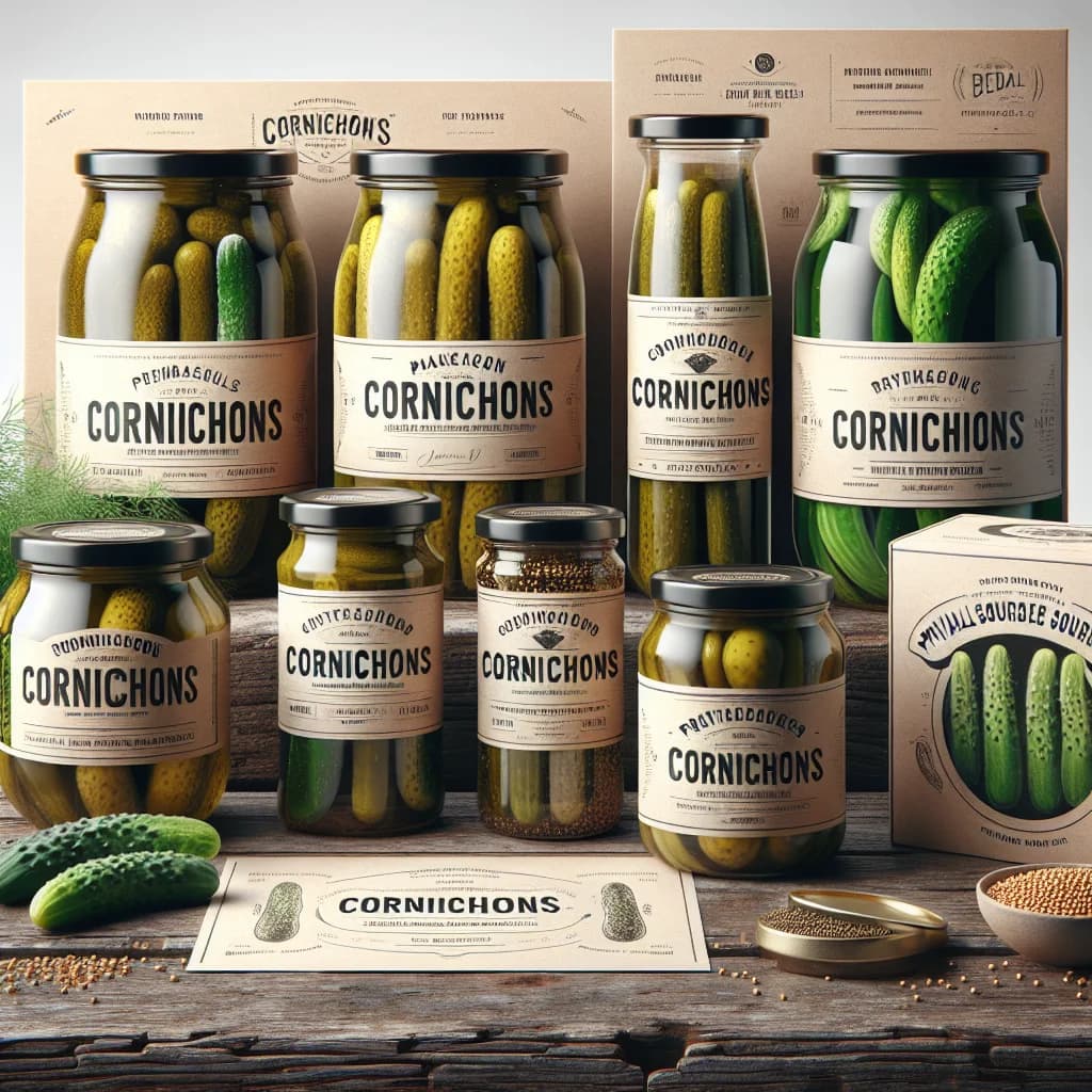 Assorted Cornichons in glass jars with varied packaging on a wooden table, surrounded by fresh dill and mustard seeds