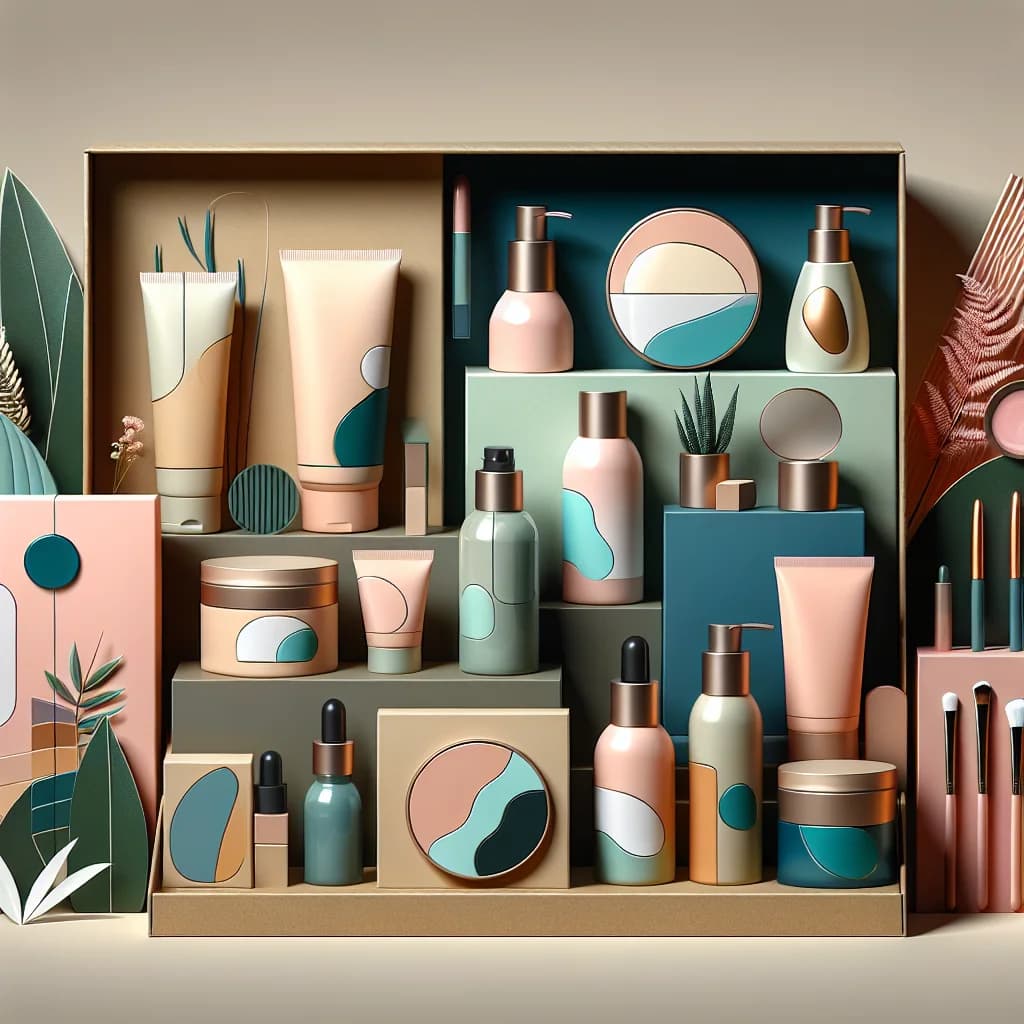 variety of customized cosmetic products, including sustainable packaging, on a clean background