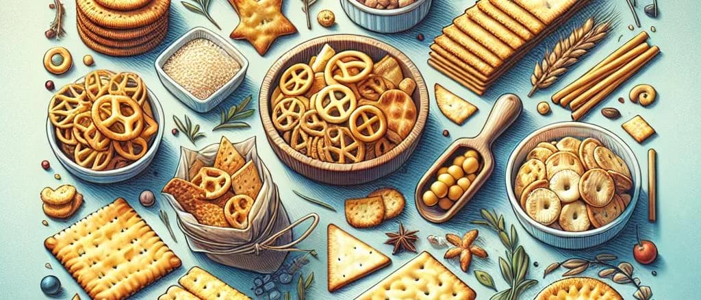 Assorted gourmet crackers on rustic wooden board with variety in packaging