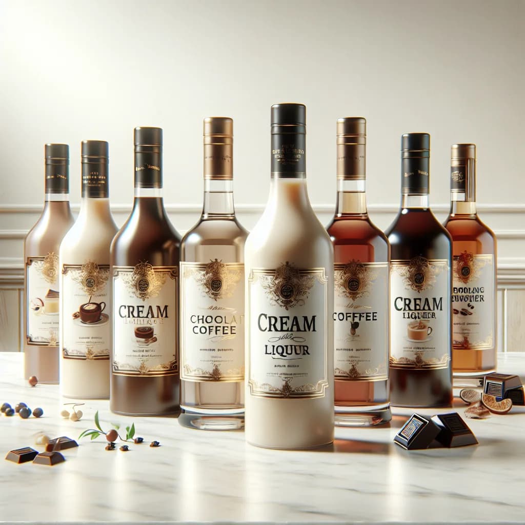 variety of cream liqueur bottles with elegant packaging on a marble countertop background
