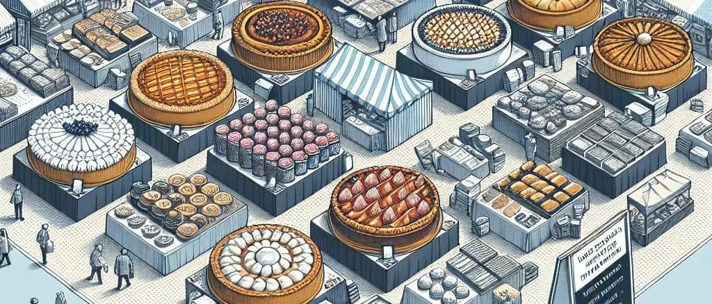 Various cream pie options with diverse packaging on a wooden background