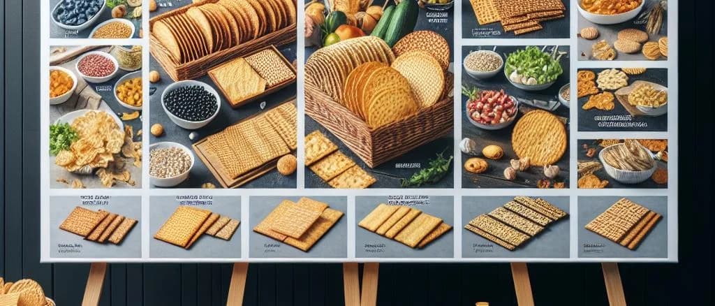 assortment of crispbreads in varied packaging on a wooden display