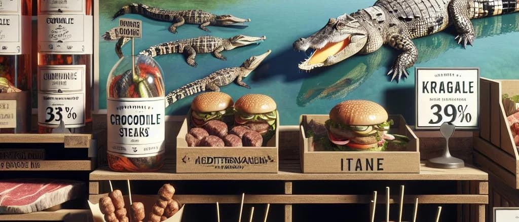 Various packaged crocodile meats on a wooden background, showcasing premium labeling