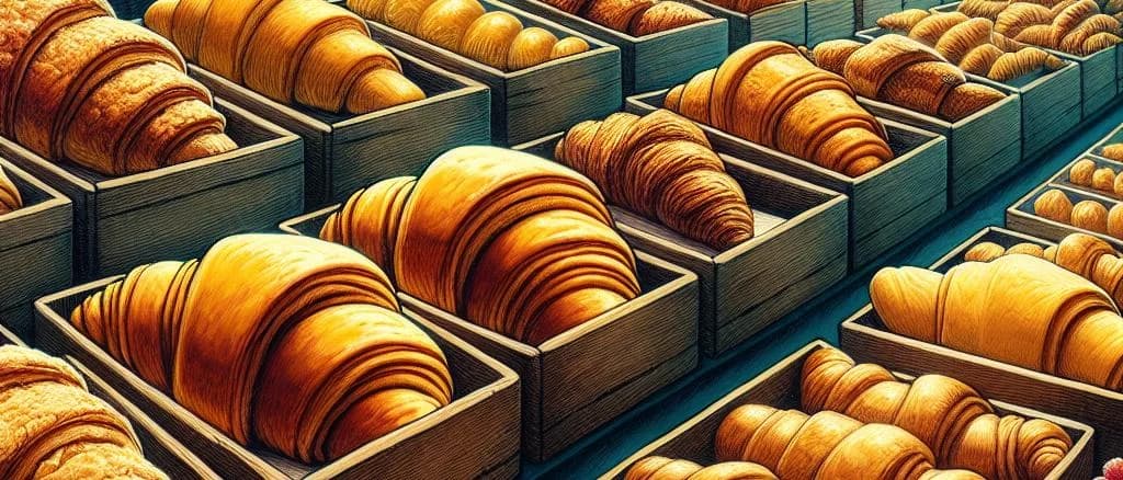 assorted gourmet croissants with varied fillings and toppings on a wooden board