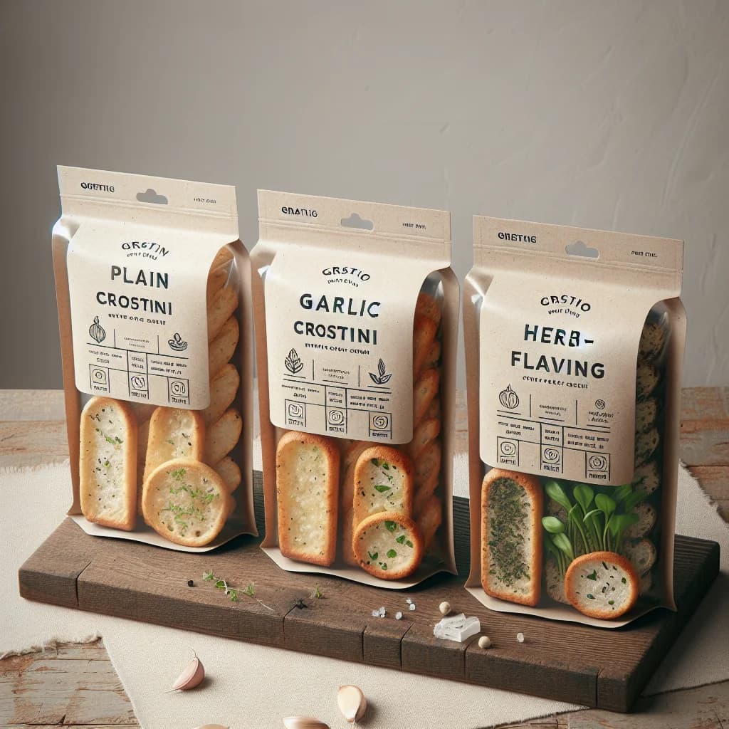 assorted crostini varieties with packaging on a rustic wooden table