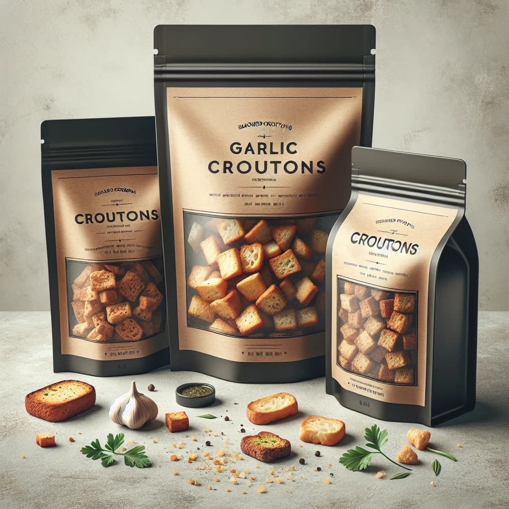 assorted crouton varieties in eco-friendly packaging on a textured background