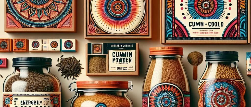 Diverse cumin packaging with vibrant spices on dark wooden background