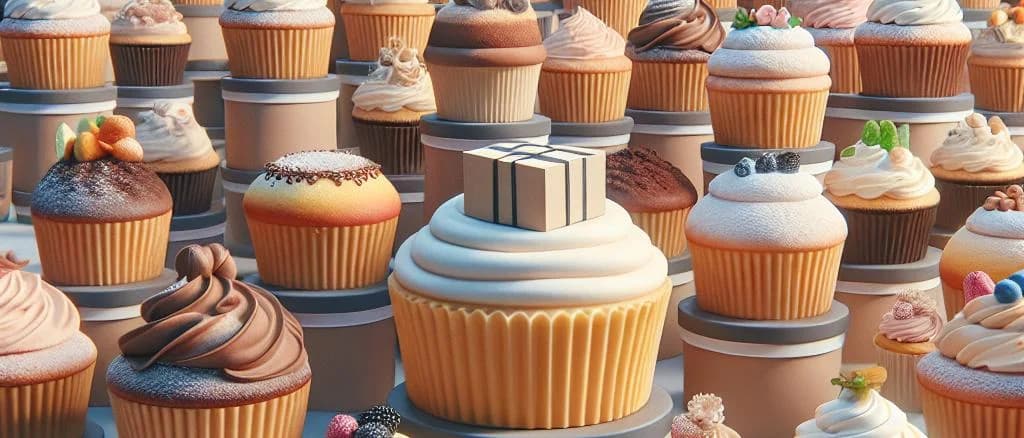 Assorted gourmet cupcakes with various frosting designs on a wooden table