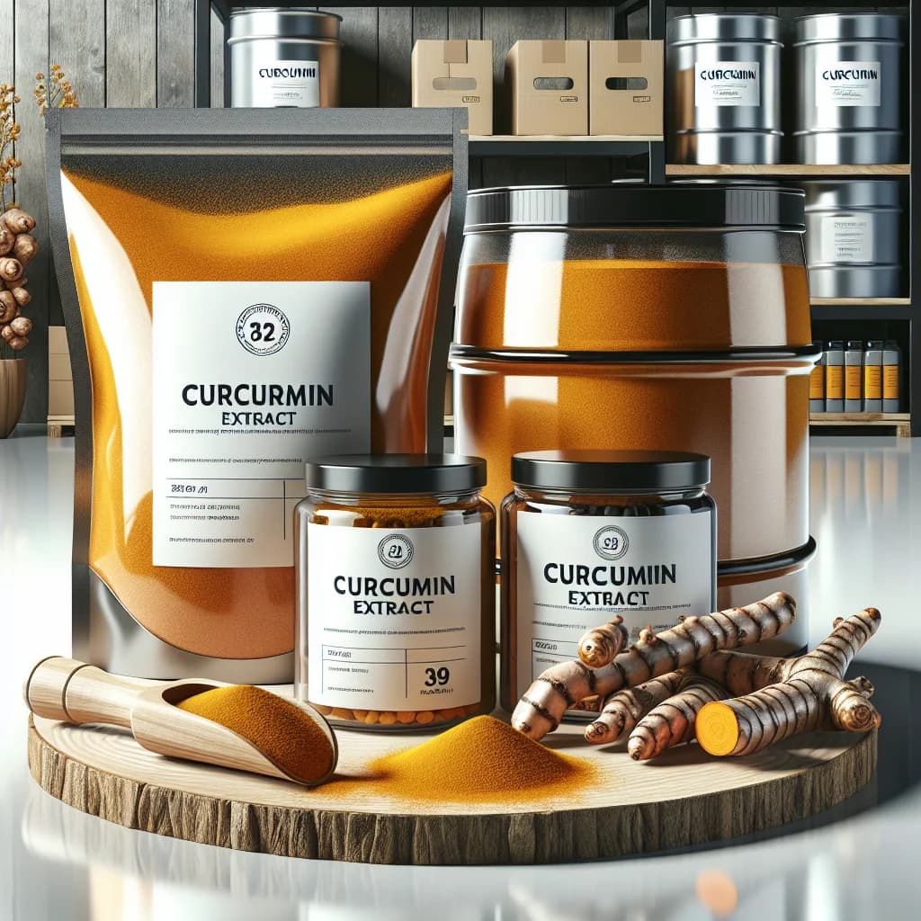 high-quality curcumin extract in bulk packaging with turmeric roots background