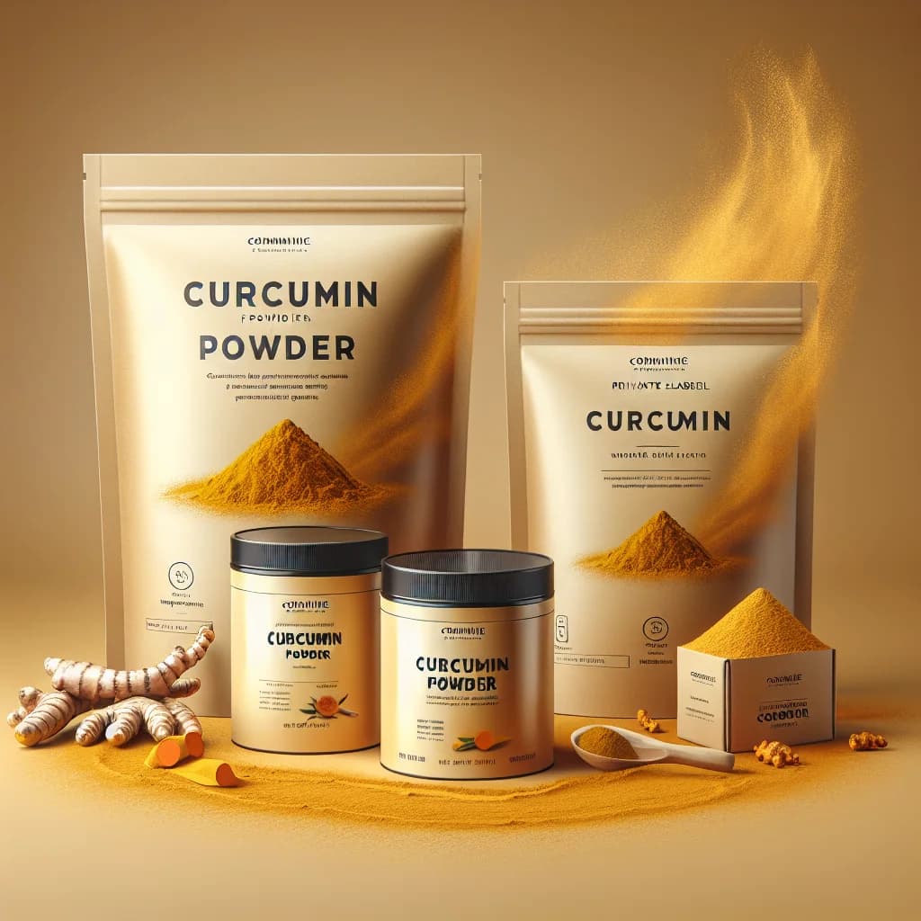 various types of curcumin powder packaging, including bulk containers, private label designs, and wholesale bags, displayed on a clean background with earthy tones