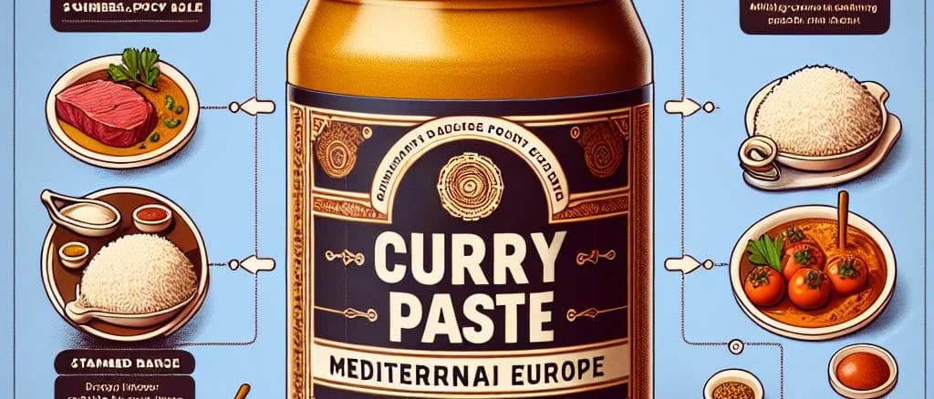 Assorted curry paste jars with varied packaging and vibrant colors