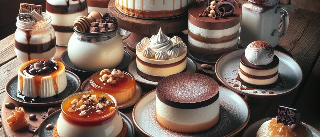 Dairy dessert products with various packaging and flavors on a wooden table