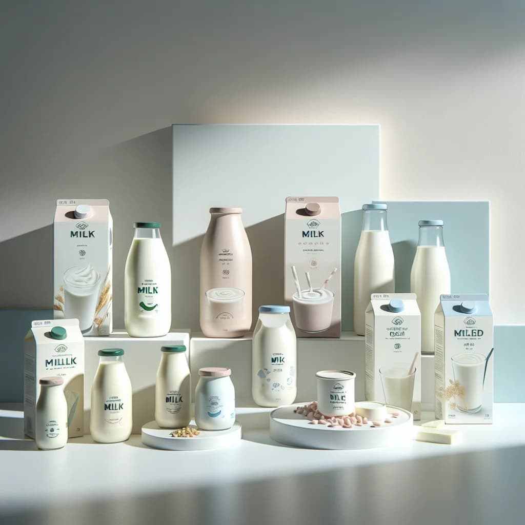 assorted types of dairy milk in sustainable packaging on a minimalist background