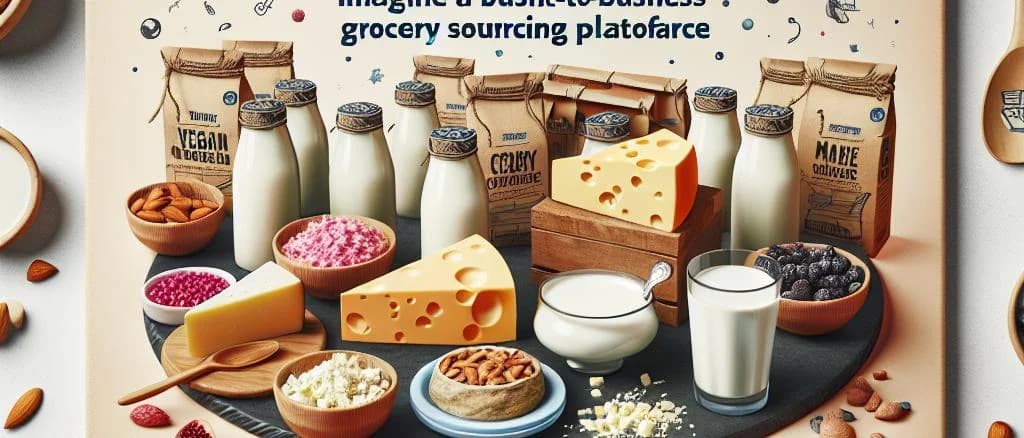 Various dairy substitute products including almond milk, coconut yogurt, and soy cheese on a clean white background