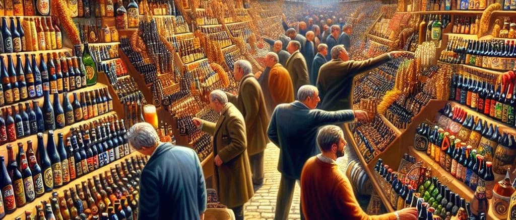 Various dark beer bottles with customized labels on a rustic wooden background