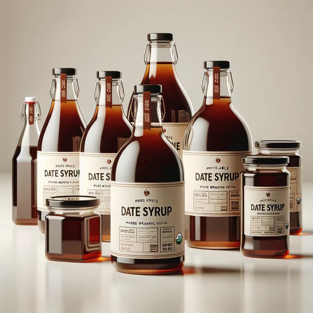 varieties of date syrup bottles with different packaging designs on a minimalistic backdrop