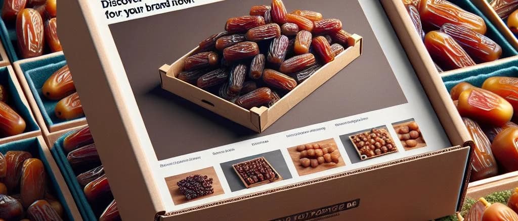 Assorted variations of packaged dates, displayed against a rustic background
