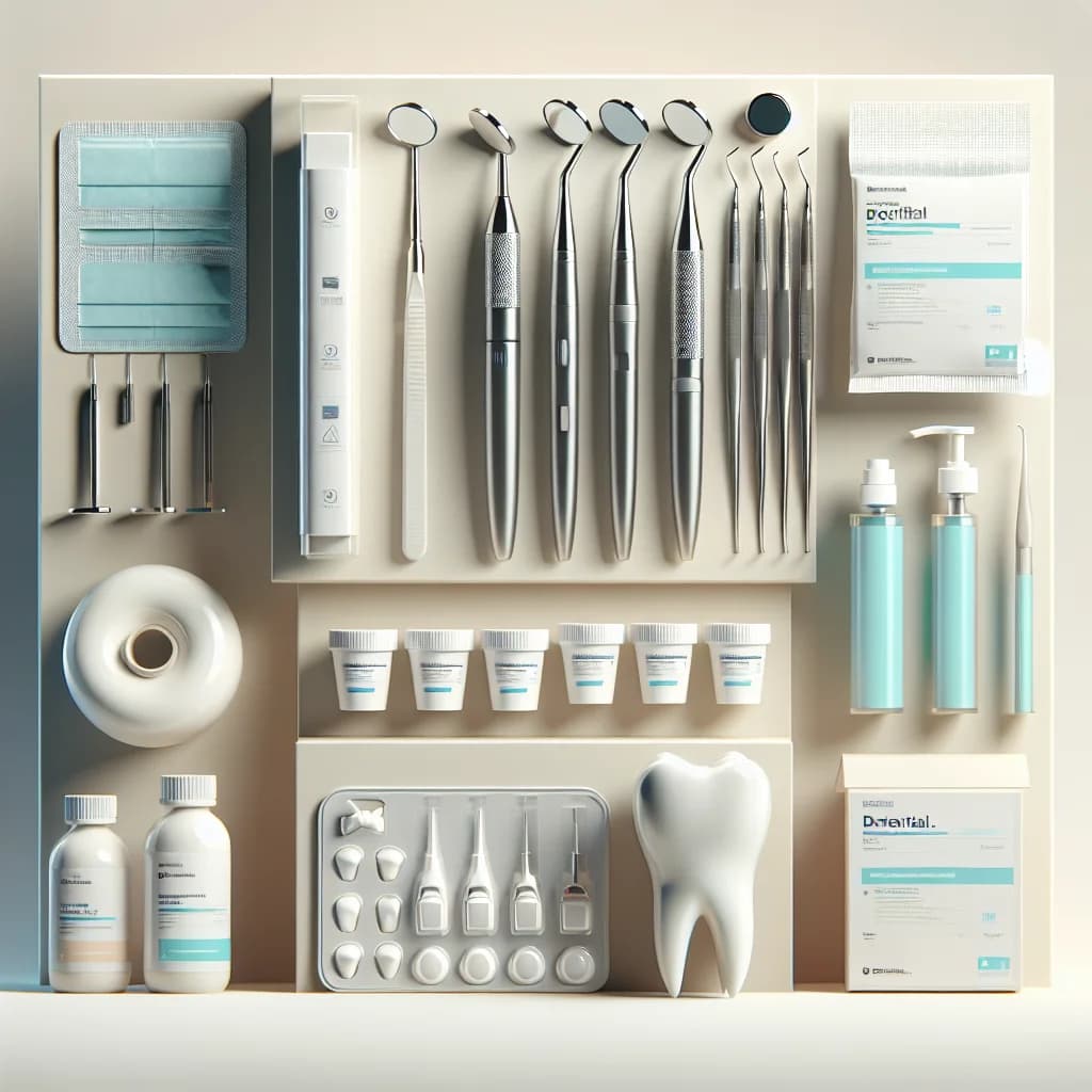 premium packaging for dental products in bulk, showcasing variations of tools and supplies on clean studio background