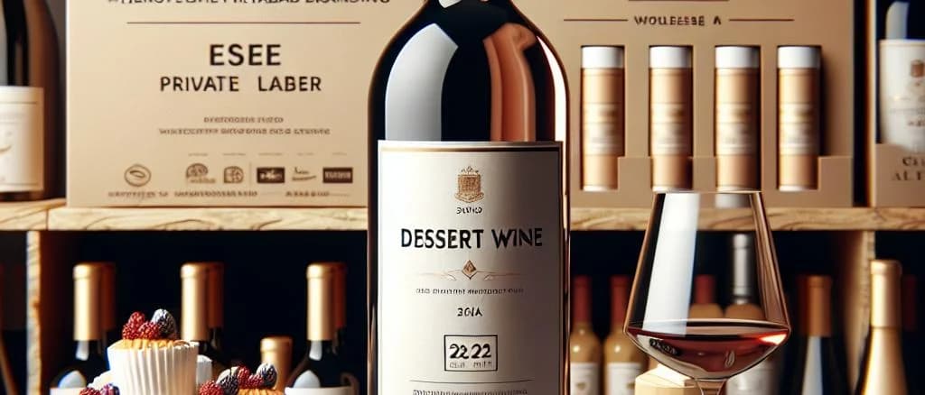 various dessert wine bottles with elegant packaging on a rustic wooden background