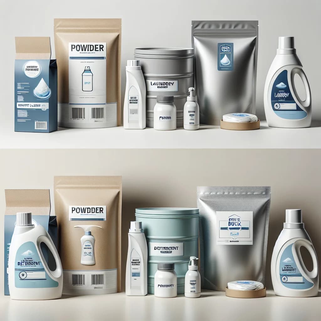 varied detergent powder packaging on clean minimalistic background