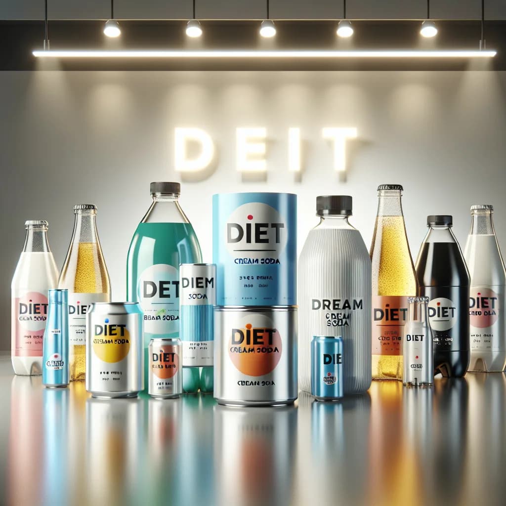 various bottles and cans of diet cream soda with branded and private-label packaging on a clean background